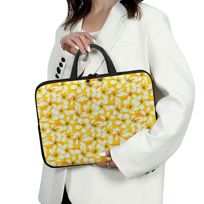 White And Yellow Plumeria Pattern Print Laptop Sleeve With Handle
