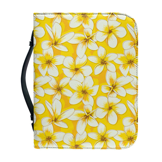 White And Yellow Plumeria Pattern Print Leather Bible Cover
