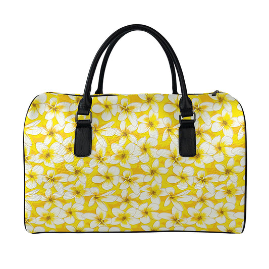 White And Yellow Plumeria Pattern Print Leather Duffle Bag