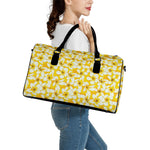 White And Yellow Plumeria Pattern Print Leather Duffle Bag