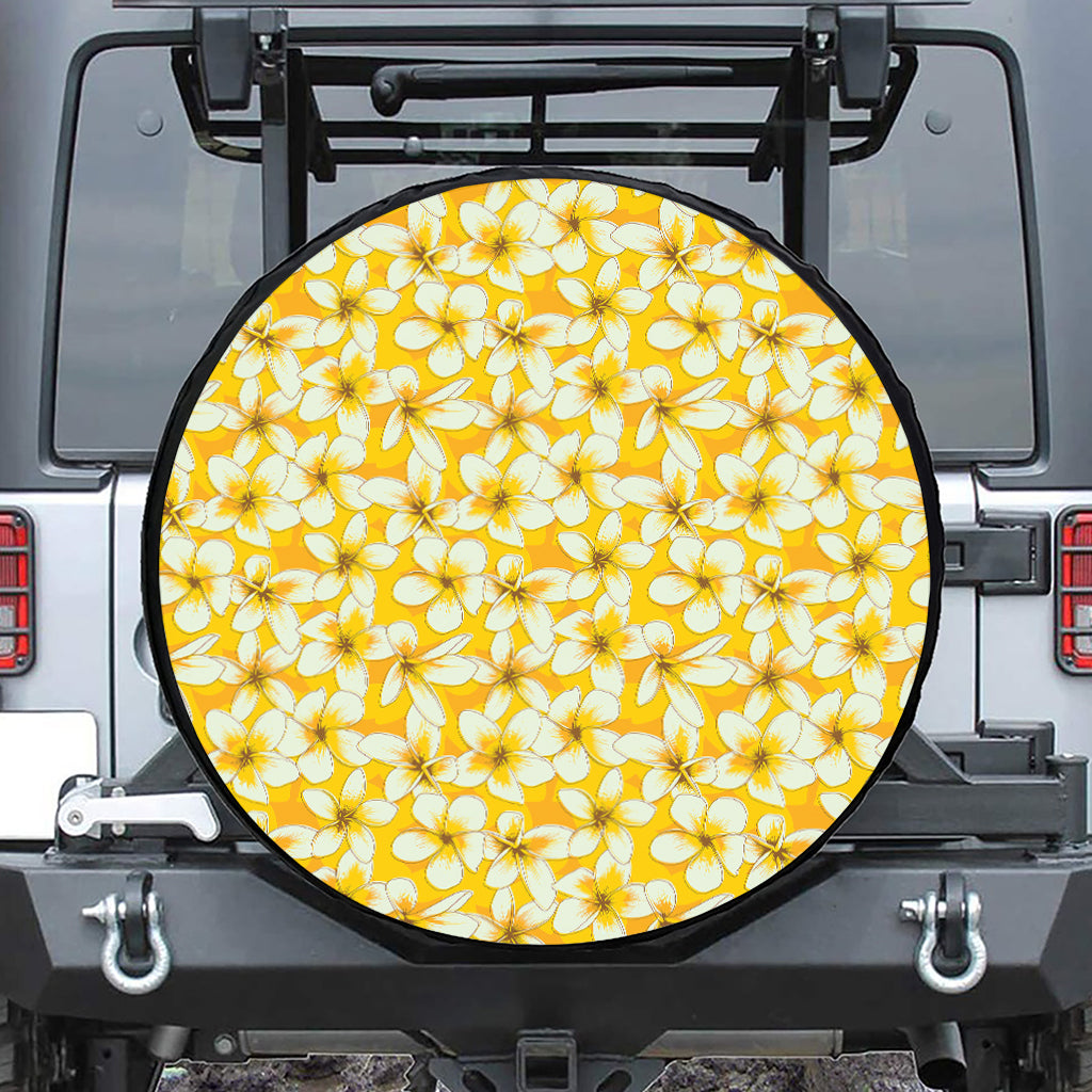 White And Yellow Plumeria Pattern Print Leather Spare Tire Cover