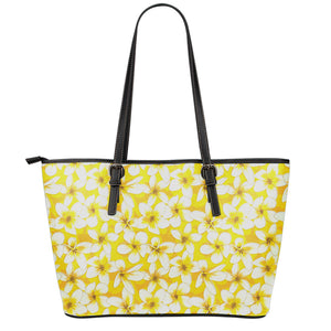 White And Yellow Plumeria Pattern Print Leather Tote Bag