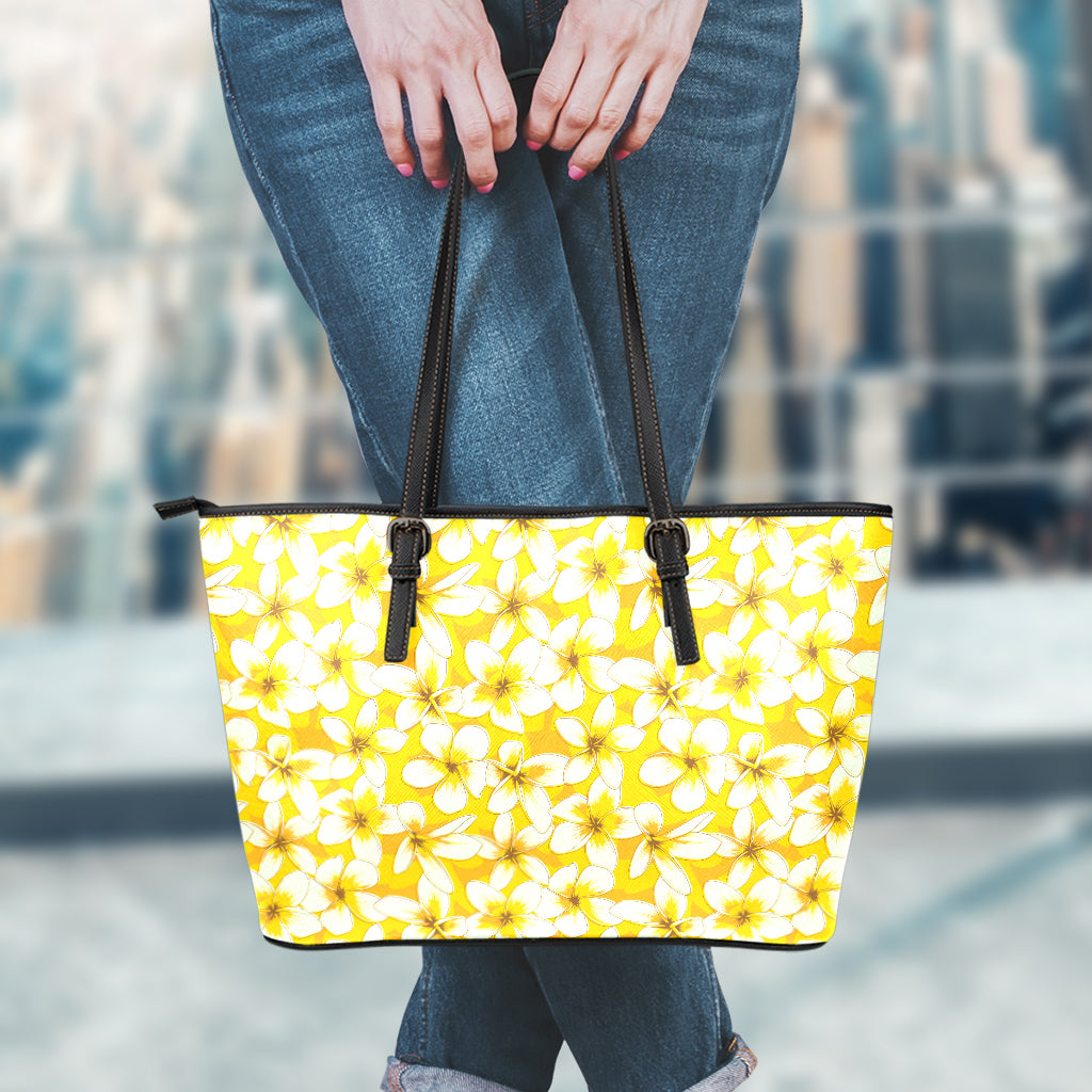 White And Yellow Plumeria Pattern Print Leather Tote Bag