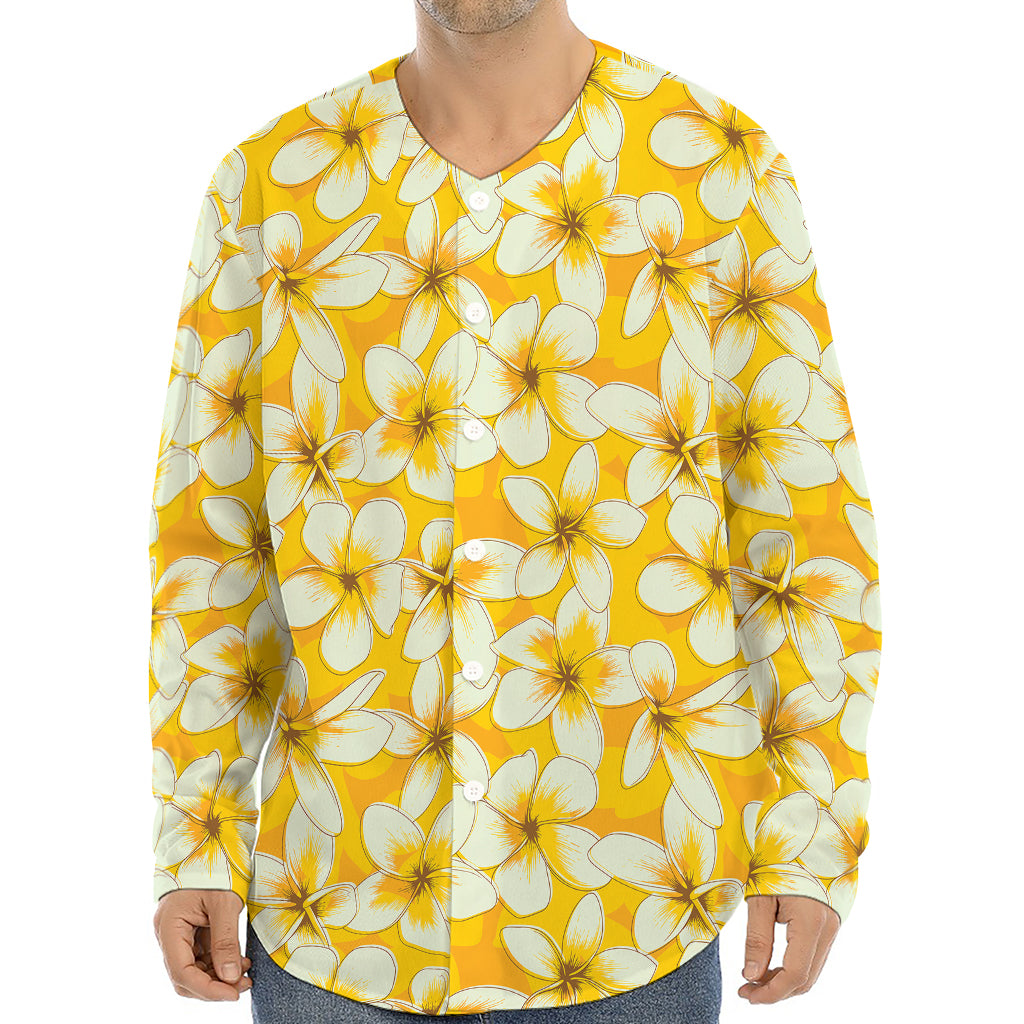 White And Yellow Plumeria Pattern Print Long Sleeve Baseball Jersey