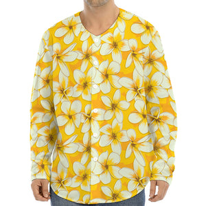 White And Yellow Plumeria Pattern Print Long Sleeve Baseball Jersey