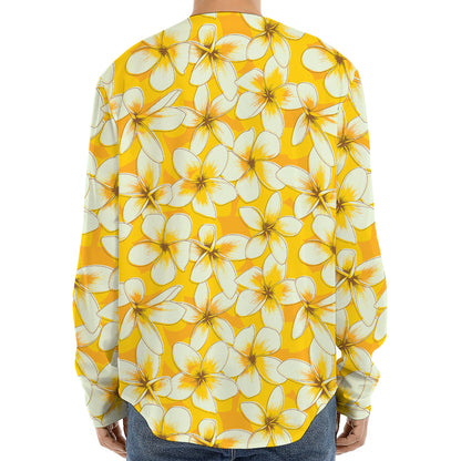 White And Yellow Plumeria Pattern Print Long Sleeve Baseball Jersey
