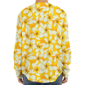 White And Yellow Plumeria Pattern Print Long Sleeve Baseball Jersey