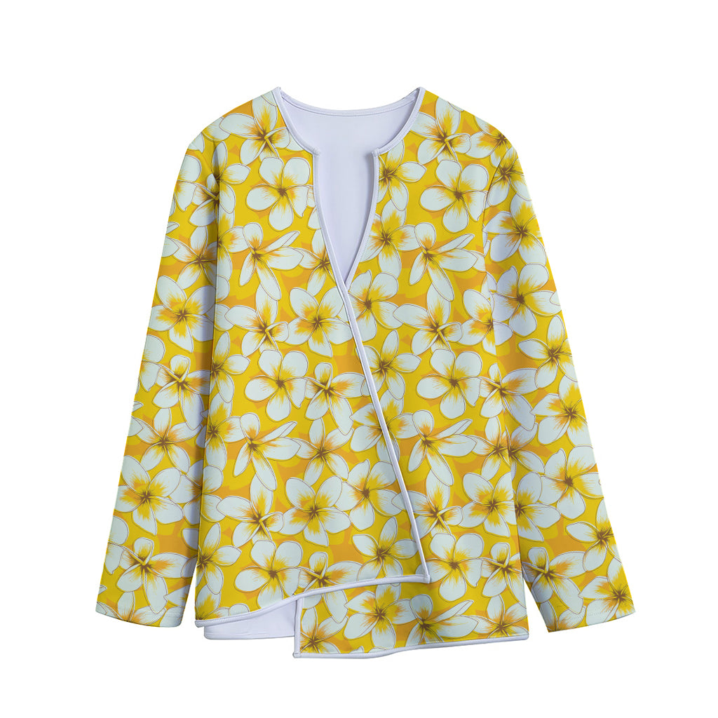 White And Yellow Plumeria Pattern Print Long Sleeve Short Coat