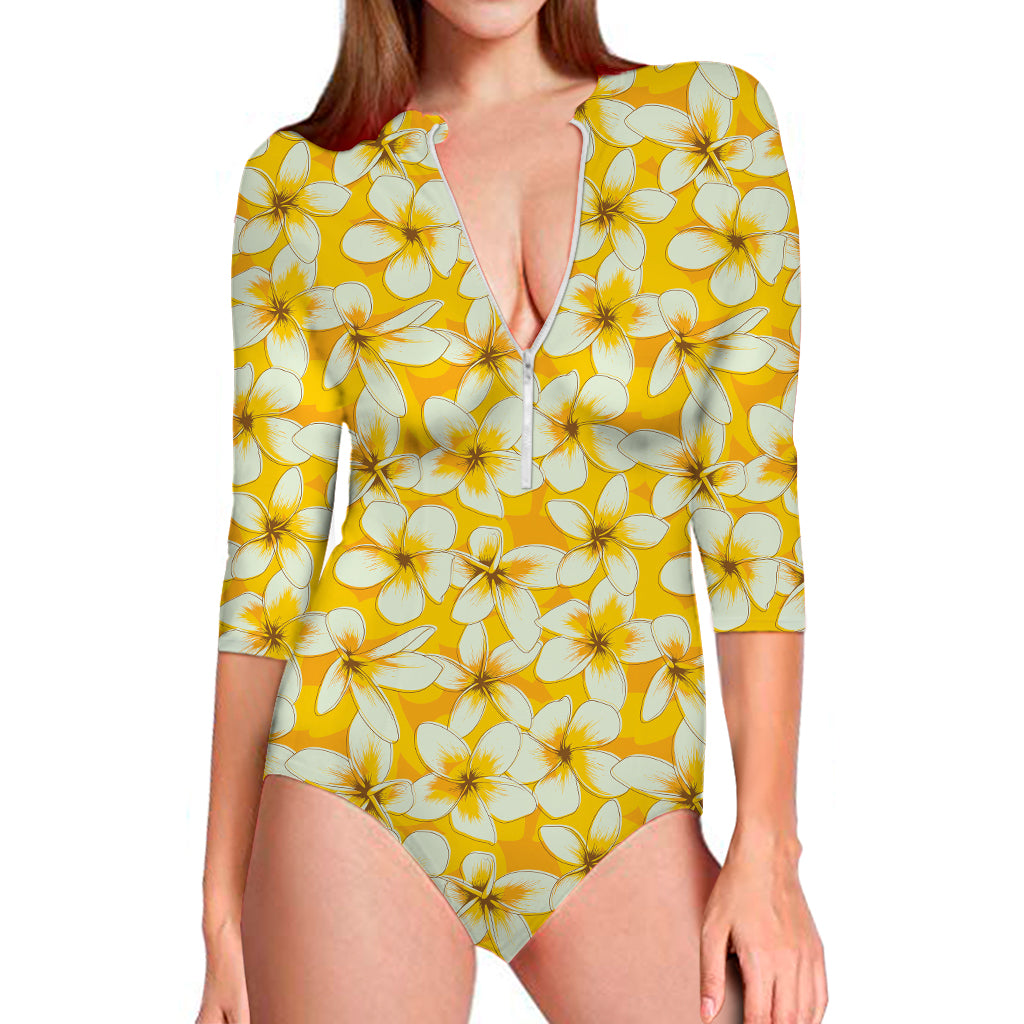 White And Yellow Plumeria Pattern Print Long Sleeve Swimsuit