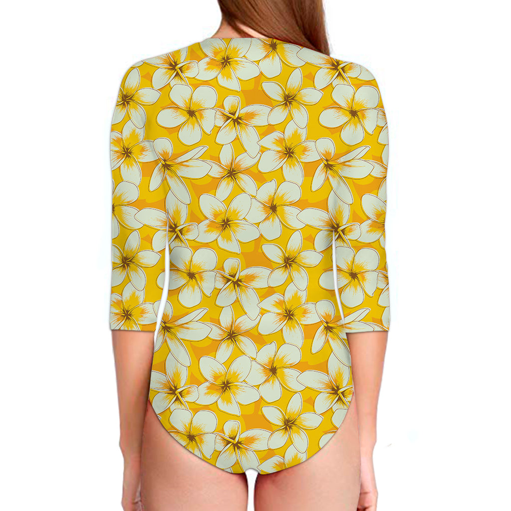 White And Yellow Plumeria Pattern Print Long Sleeve Swimsuit