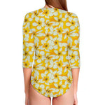 White And Yellow Plumeria Pattern Print Long Sleeve Swimsuit