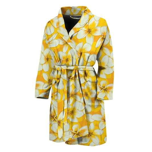 White And Yellow Plumeria Pattern Print Men's Bathrobe
