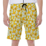 White And Yellow Plumeria Pattern Print Men's Beach Shorts
