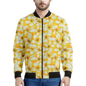 White And Yellow Plumeria Pattern Print Men's Bomber Jacket