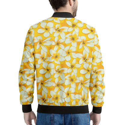 White And Yellow Plumeria Pattern Print Men's Bomber Jacket