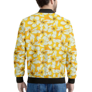 White And Yellow Plumeria Pattern Print Men's Bomber Jacket