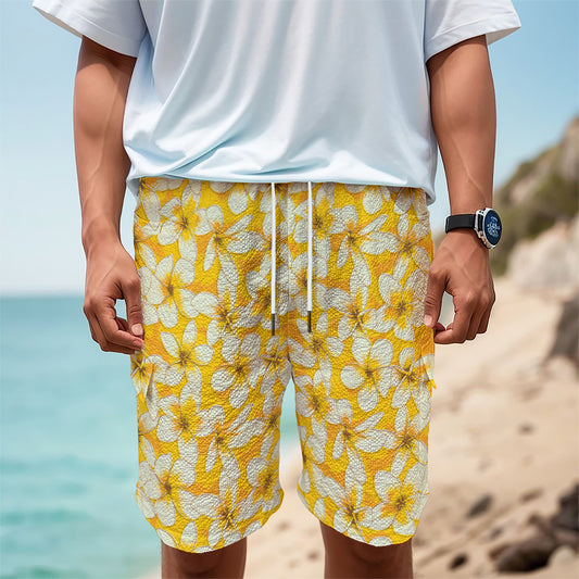 White And Yellow Plumeria Pattern Print Men's Cargo Shorts