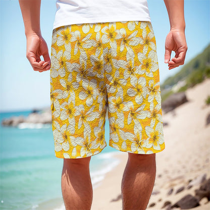White And Yellow Plumeria Pattern Print Men's Cargo Shorts