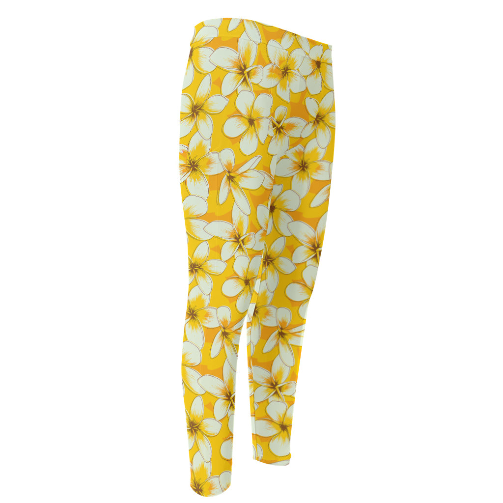 White And Yellow Plumeria Pattern Print Men's Compression Pants