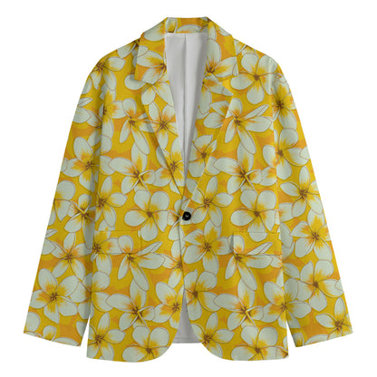 White And Yellow Plumeria Pattern Print Men's Cotton Blazer