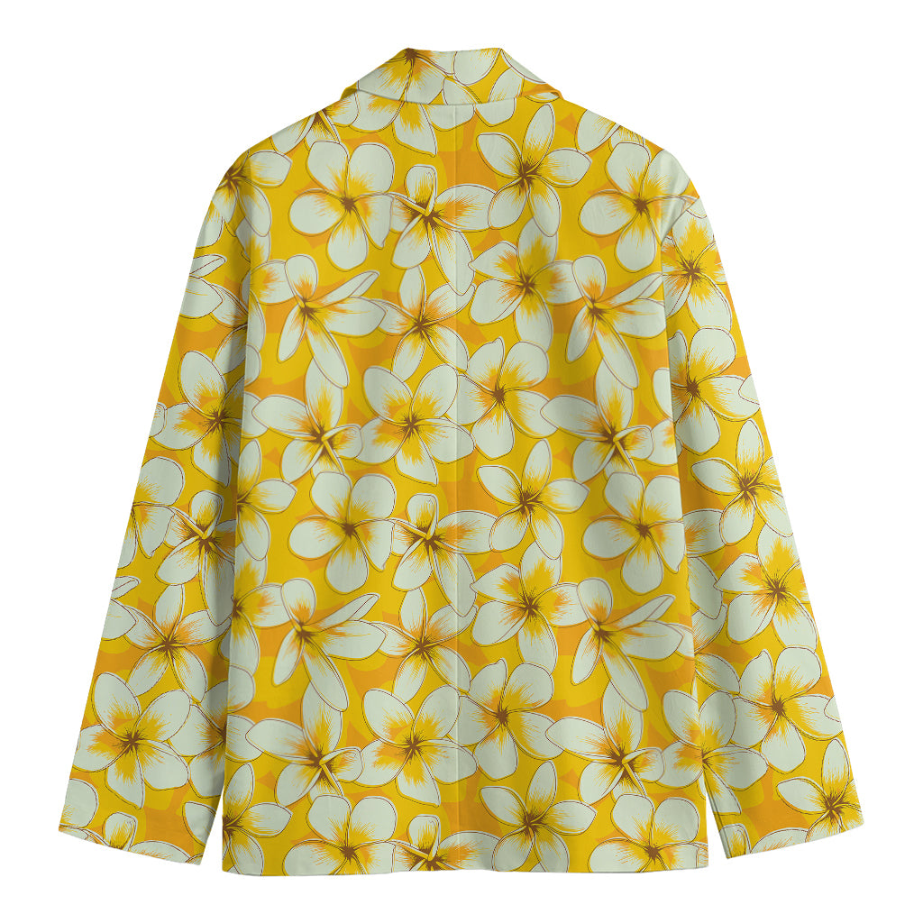 White And Yellow Plumeria Pattern Print Men's Cotton Blazer