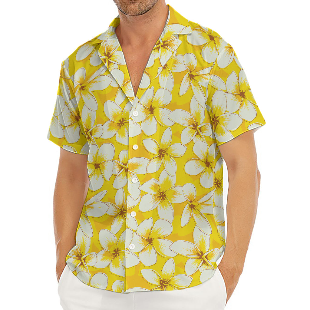 White And Yellow Plumeria Pattern Print Men's Deep V-Neck Shirt