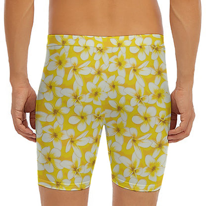 White And Yellow Plumeria Pattern Print Men's Long Boxer Briefs
