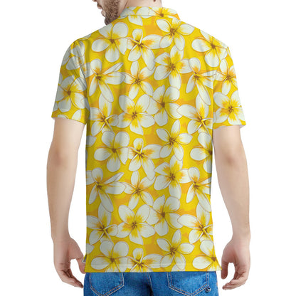 White And Yellow Plumeria Pattern Print Men's Polo Shirt