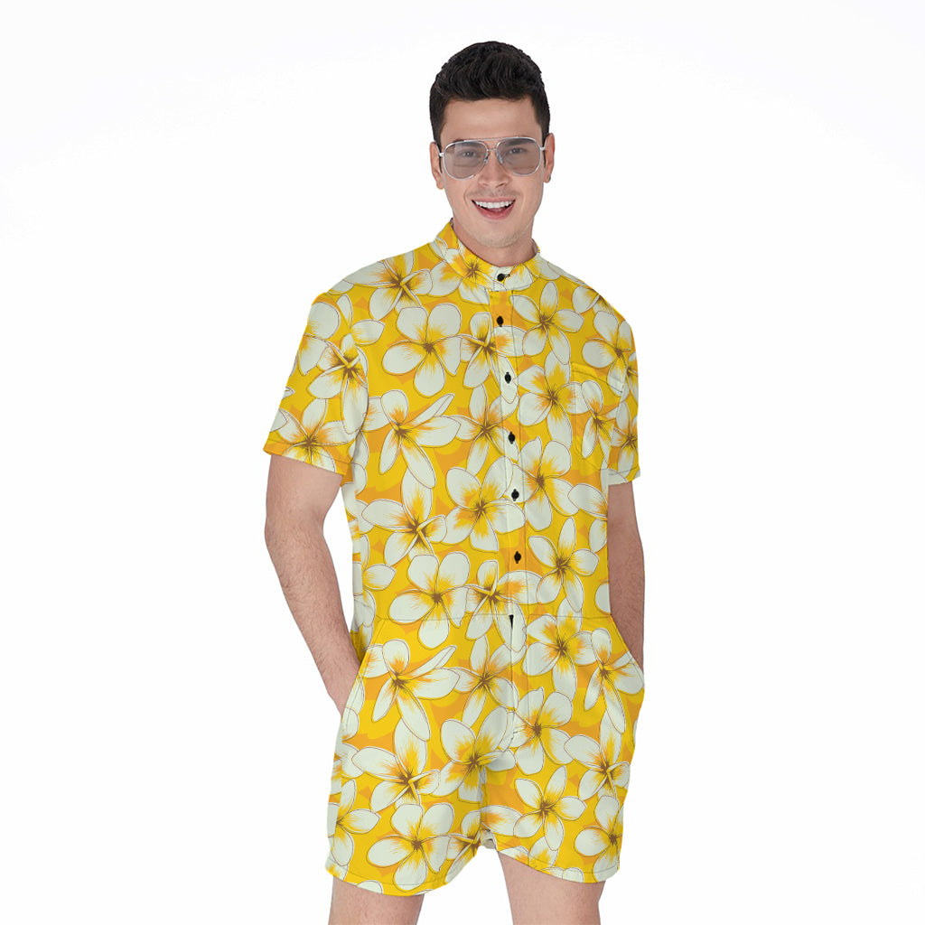 White And Yellow Plumeria Pattern Print Men's Rompers