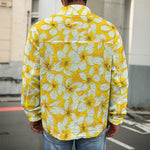 White And Yellow Plumeria Pattern Print Men's Shirt Jacket