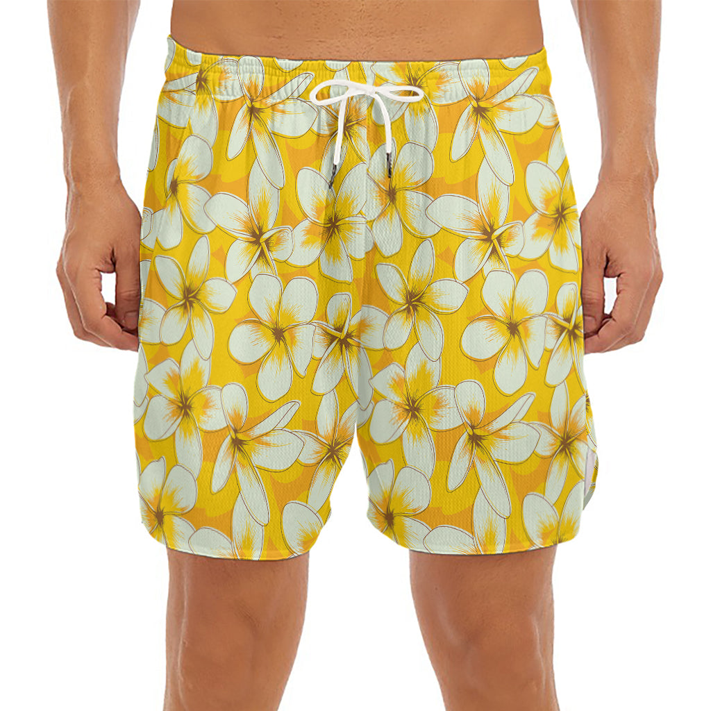White And Yellow Plumeria Pattern Print Men's Split Running Shorts
