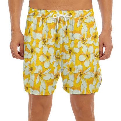 White And Yellow Plumeria Pattern Print Men's Split Running Shorts