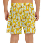 White And Yellow Plumeria Pattern Print Men's Split Running Shorts