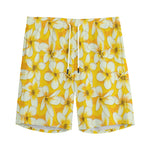 White And Yellow Plumeria Pattern Print Men's Sports Shorts