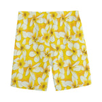 White And Yellow Plumeria Pattern Print Men's Sports Shorts