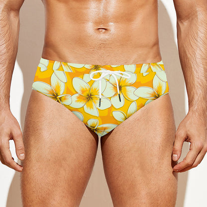 White And Yellow Plumeria Pattern Print Men's Swim Briefs