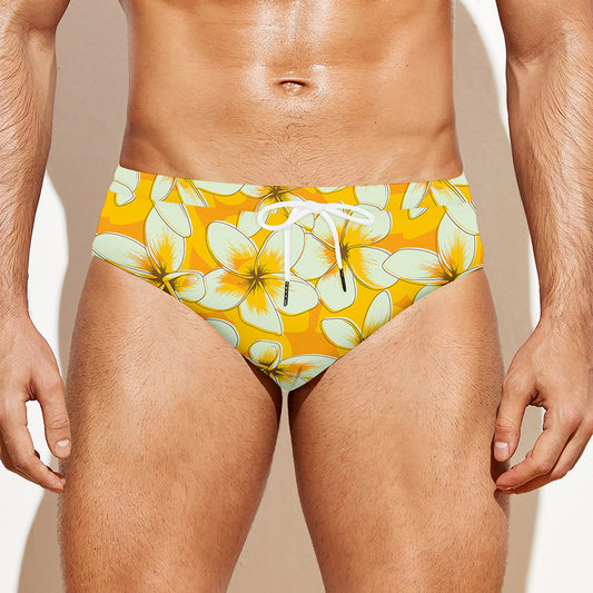 White And Yellow Plumeria Pattern Print Men's Swim Briefs