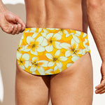 White And Yellow Plumeria Pattern Print Men's Swim Briefs