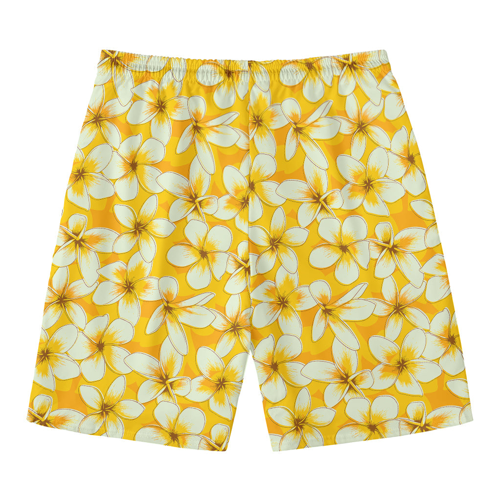White And Yellow Plumeria Pattern Print Men's Swim Trunks
