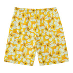 White And Yellow Plumeria Pattern Print Men's Swim Trunks