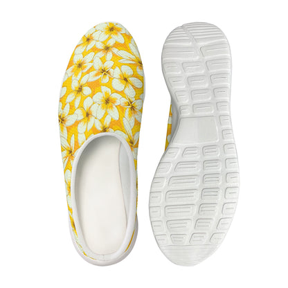 White And Yellow Plumeria Pattern Print Mesh Casual Shoes