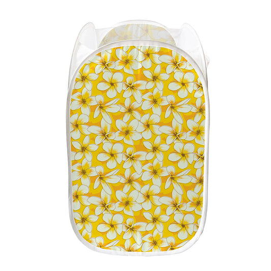 White And Yellow Plumeria Pattern Print Mesh Laundry Hamper