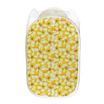 White And Yellow Plumeria Pattern Print Mesh Laundry Hamper