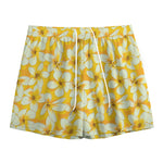 White And Yellow Plumeria Pattern Print Mesh Shorts