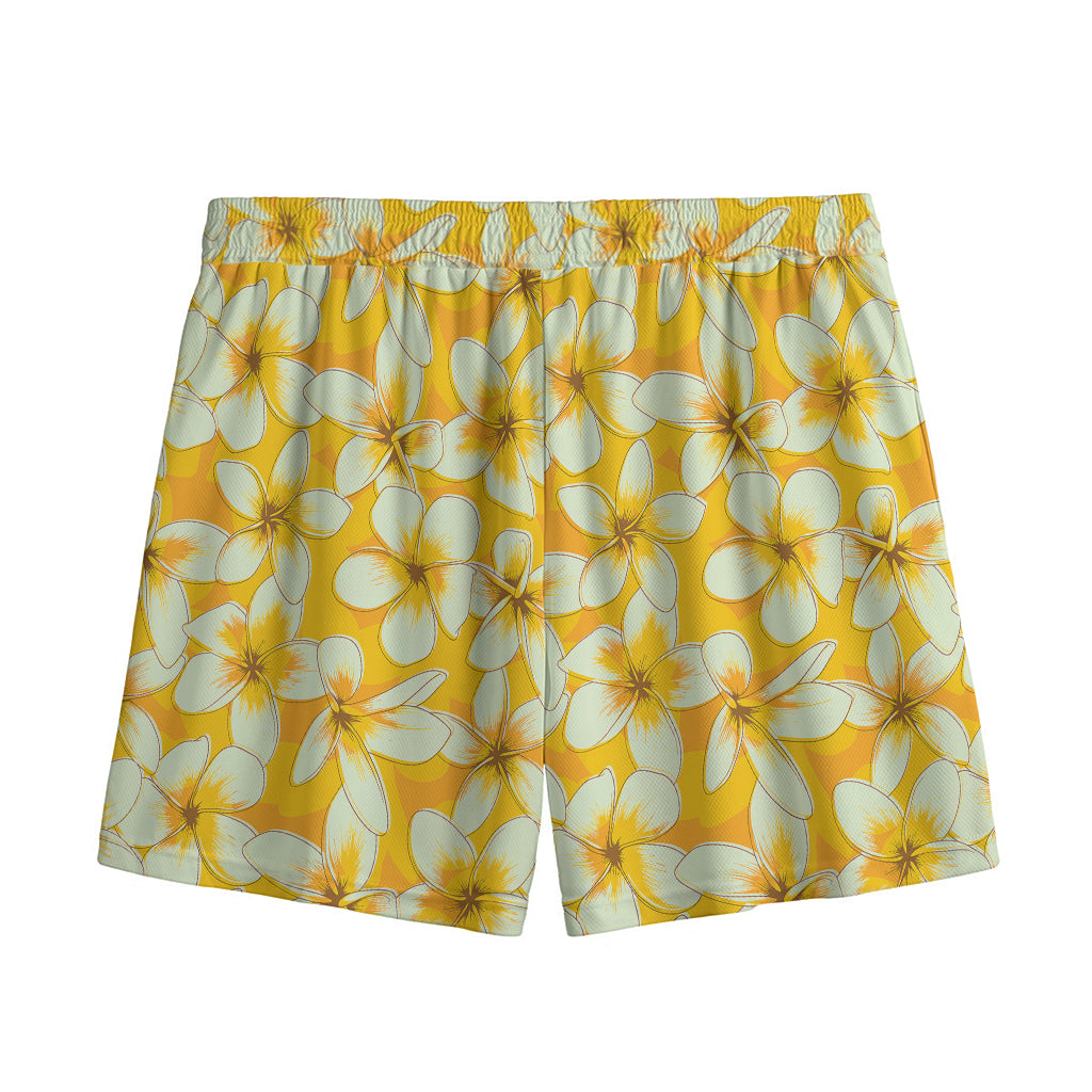 White And Yellow Plumeria Pattern Print Mesh Shorts