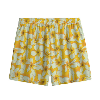 White And Yellow Plumeria Pattern Print Mesh Shorts