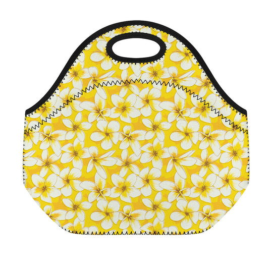 White And Yellow Plumeria Pattern Print Neoprene Lunch Bag
