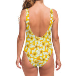 White And Yellow Plumeria Pattern Print One Piece Swimsuit