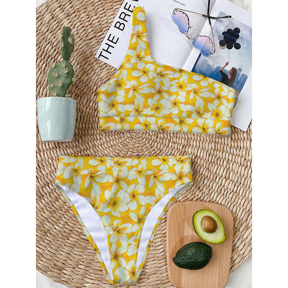 White And Yellow Plumeria Pattern Print One Shoulder Bikini Top