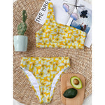 White And Yellow Plumeria Pattern Print One Shoulder Bikini Top